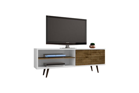 Manhattan Comfort Liberty 62.99" Mid-Century Modern TV Stand with 3 Shelves and 2 Doors in White and Rustic Brown with Solid Wood Legs 201AMC69