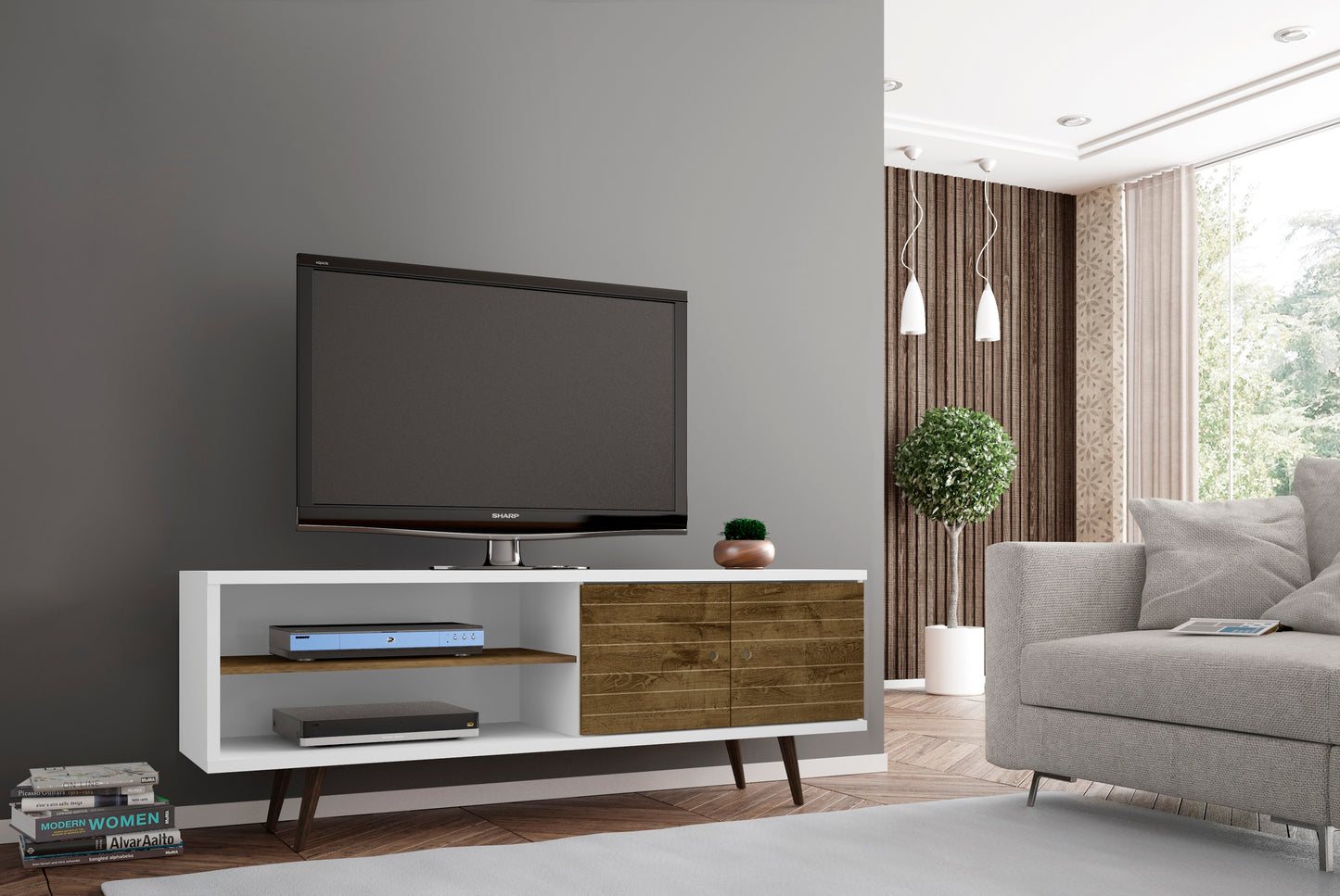 Manhattan Comfort Liberty 62.99" Mid-Century Modern TV Stand with 3 Shelves and 2 Doors in White and Rustic Brown with Solid Wood Legs 201AMC69