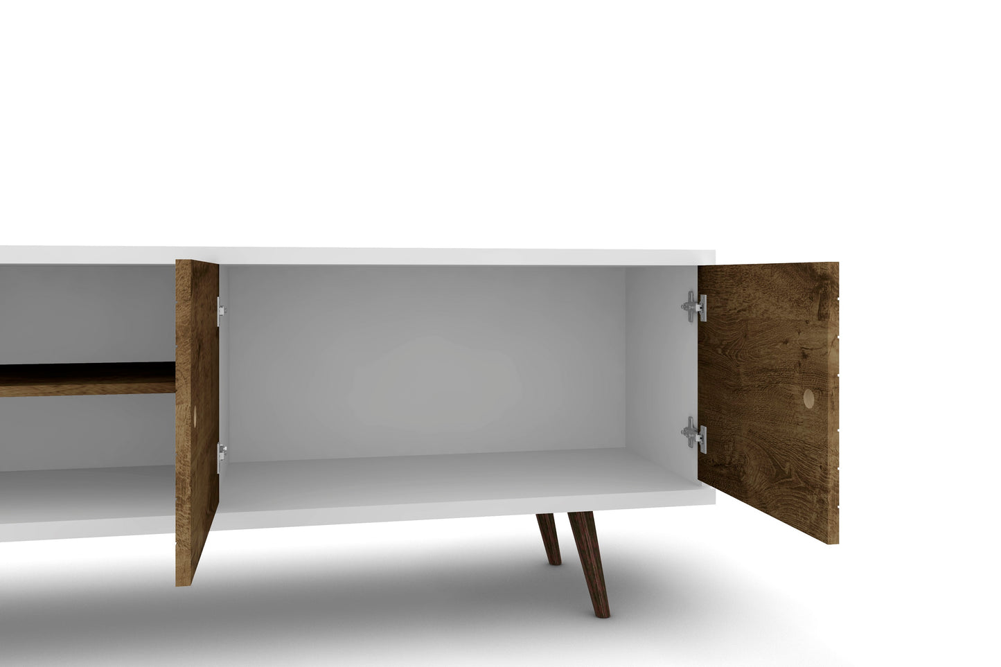 Manhattan Comfort Liberty 62.99" Mid-Century Modern TV Stand with 3 Shelves and 2 Doors in White and Rustic Brown with Solid Wood Legs 201AMC69