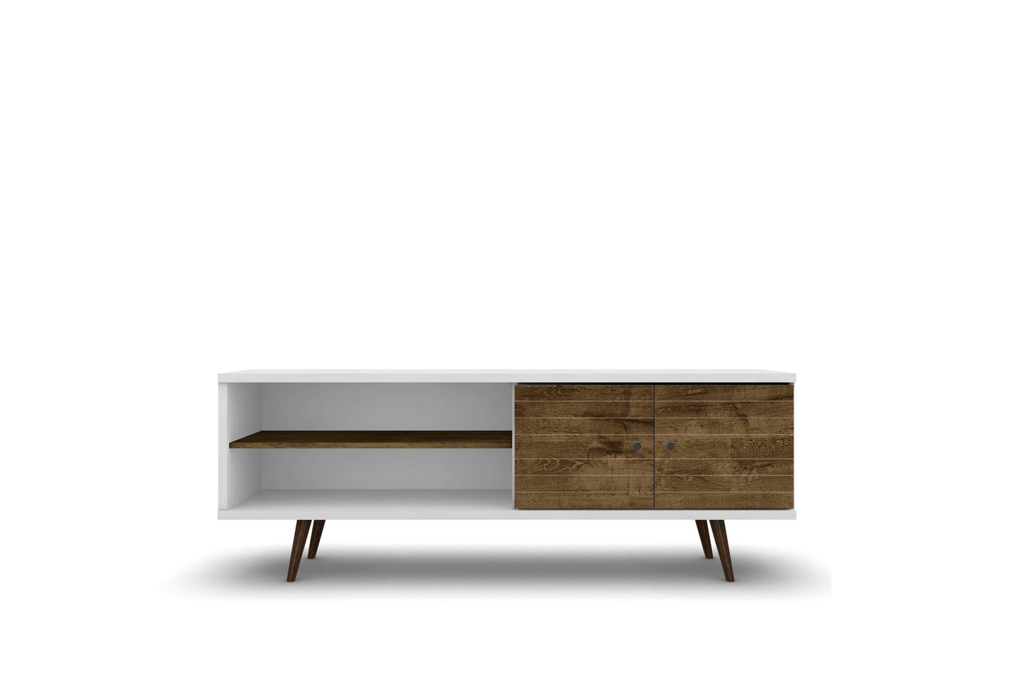 Manhattan Comfort Liberty 62.99" Mid-Century Modern TV Stand with 3 Shelves and 2 Doors in White and Rustic Brown with Solid Wood Legs 201AMC69