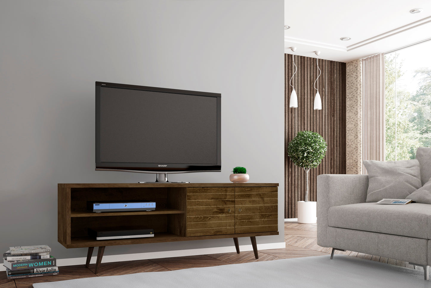 Liberty Mid-Century Modern 63" TV Stand in Rustic Brown 201AMC9