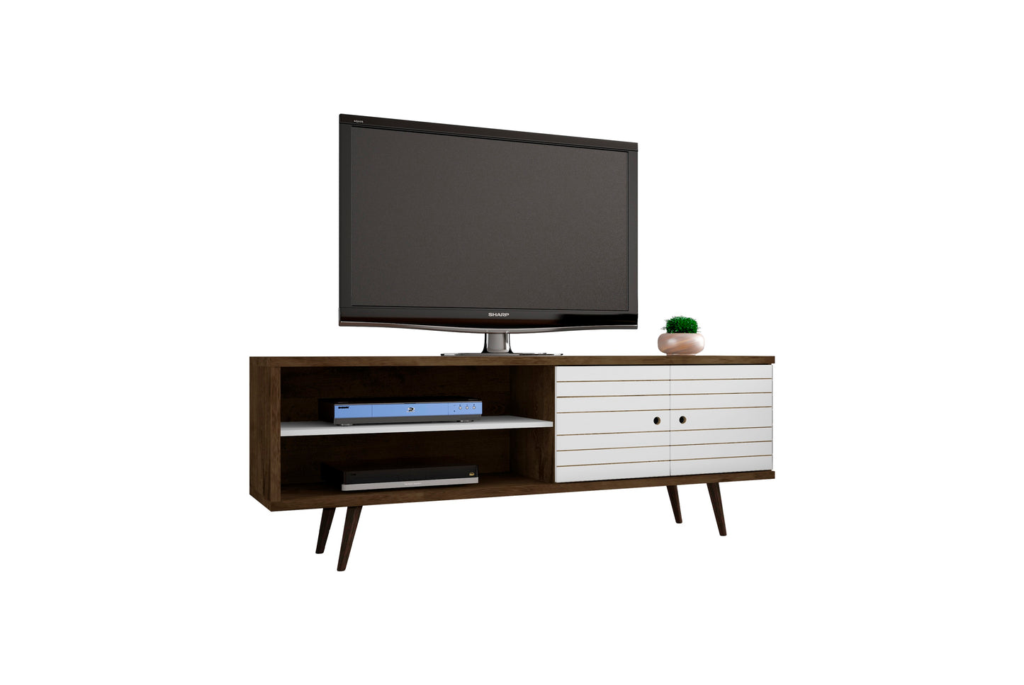 Liberty Mid-Century Modern 63" TV Stand in Rustic Brown and White 201AMC96