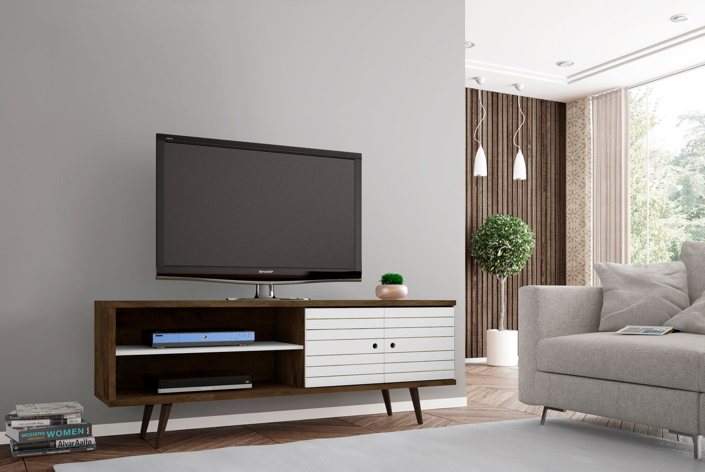 Liberty Mid-Century Modern 63" TV Stand in Rustic Brown and White 201AMC96
