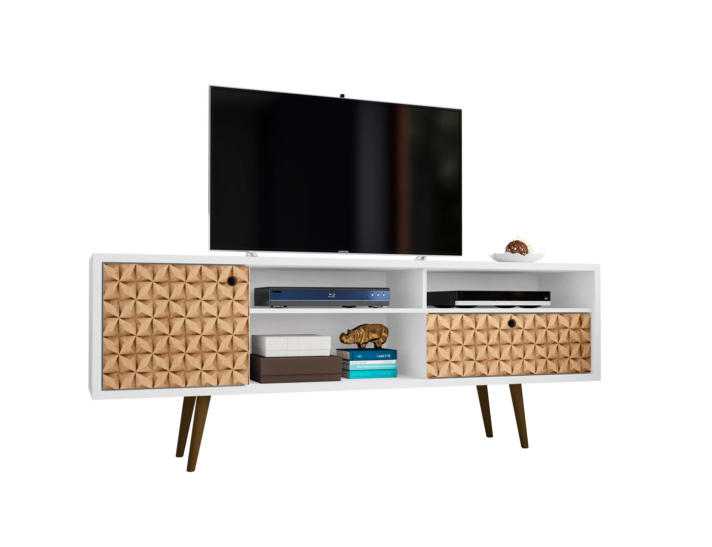 Manhattan Comfort Liberty 70.86" Mid-Century Modern TV Stand with 4 Shelving Spaces and 1 Drawer in White and 3D Brown Prints 202AMC67
