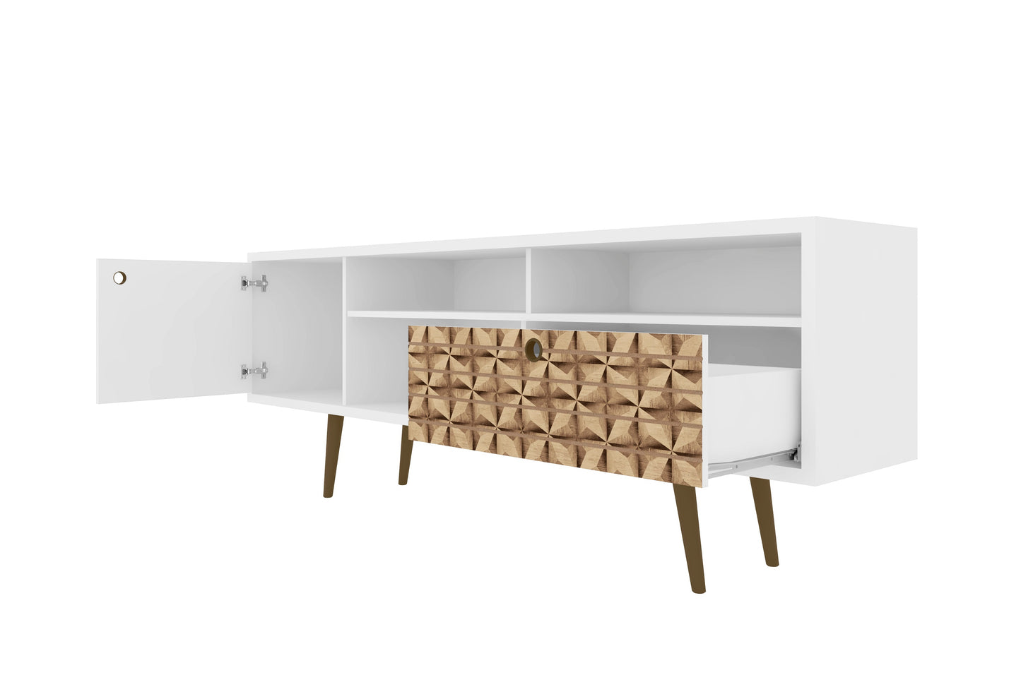 Manhattan Comfort Liberty 70.86" Mid-Century Modern TV Stand with 4 Shelving Spaces and 1 Drawer in White and 3D Brown Prints 202AMC67