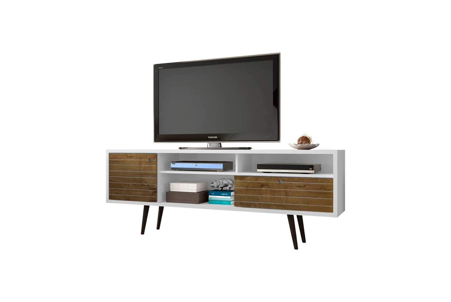 Manhattan Comfort Liberty 70.86" Mid-Century Modern TV Stand with 4 Shelving Spaces and 1 Drawer in White and Rustic Brown with Solid Wood Legs 202AMC69