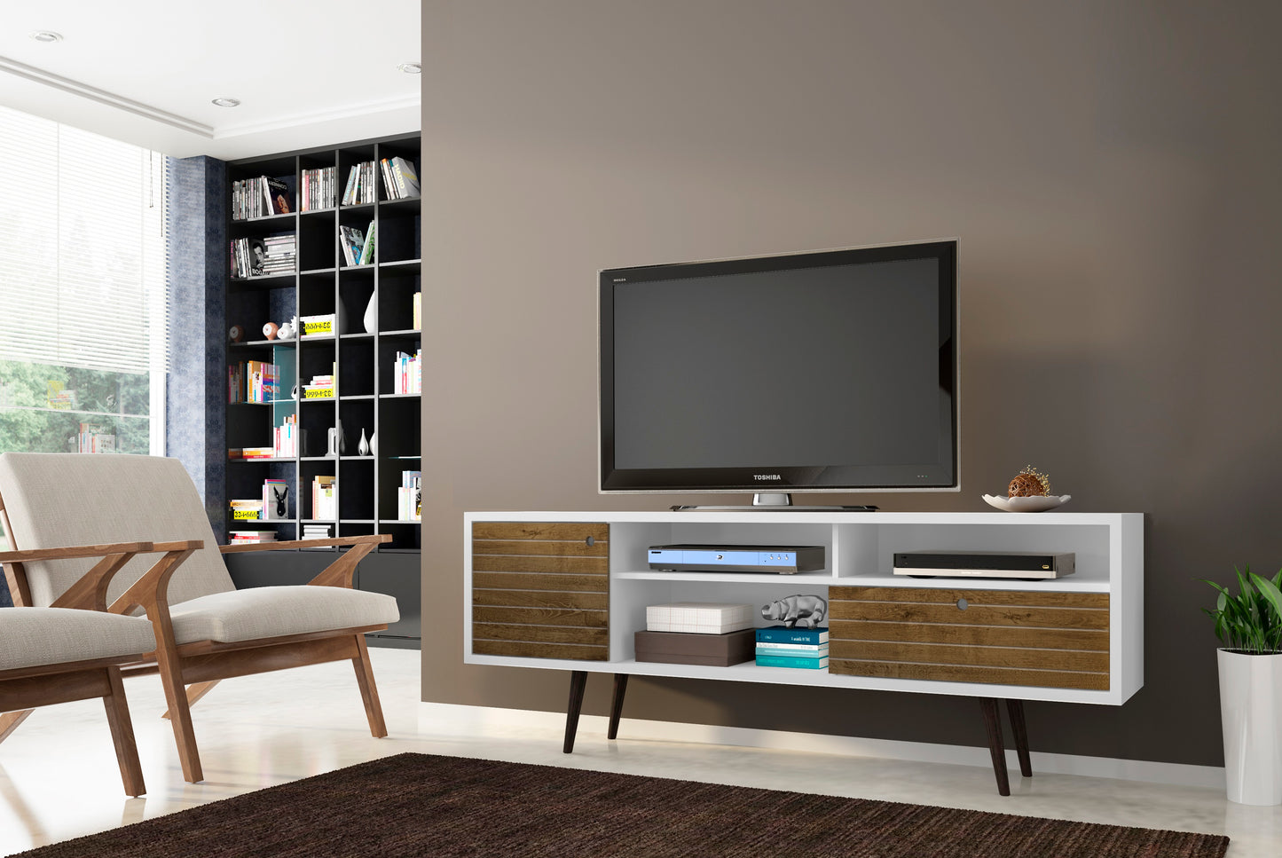Liberty Mid-Century Modern 71" TV Stand in White and Rustic Brown 202AMC69