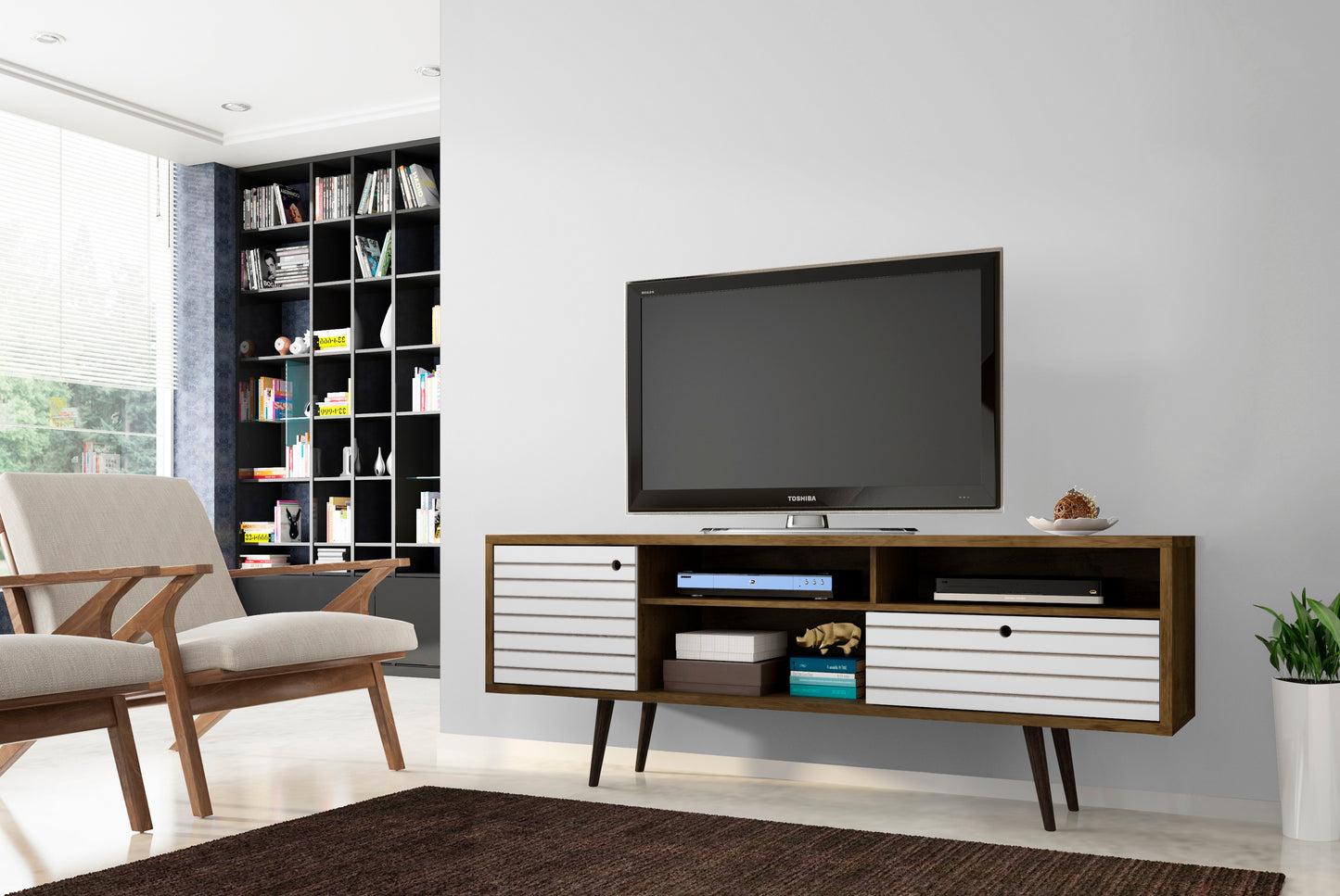 Liberty Mid-Century Modern 71" TV Stand in Rustic Brown and White 202AMC96