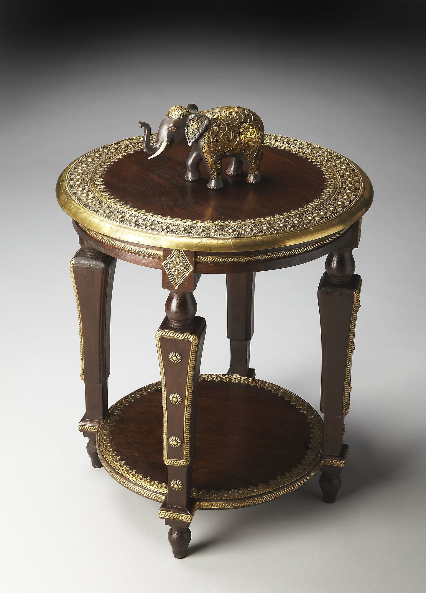 Butler Specialty Company Ranthore 20 in. W Round Wood and Brass Foil Decorative Side Table with Lower Open Shelf, Dark Brown