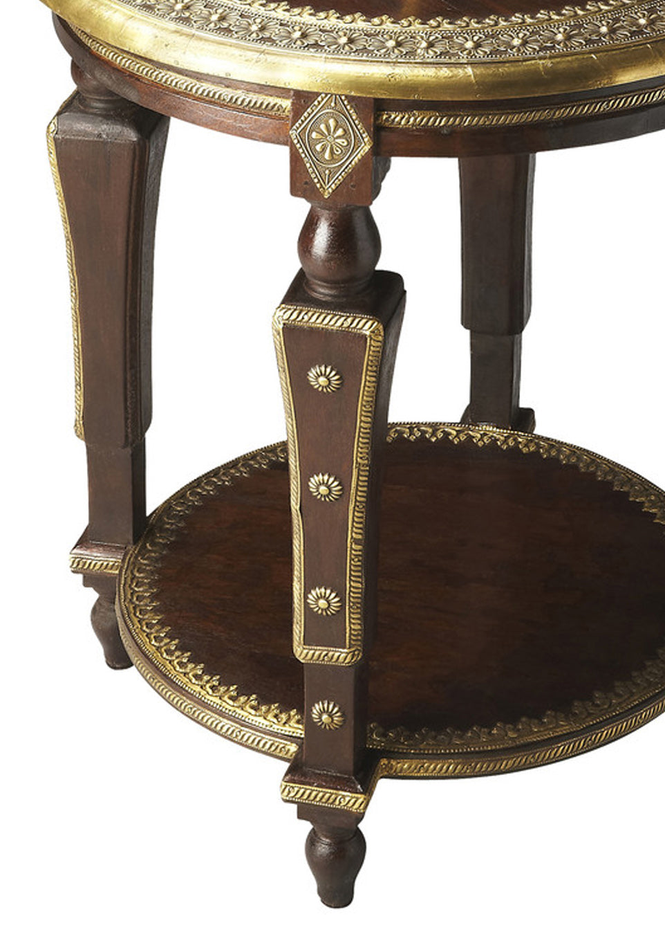 Butler Specialty Company Ranthore 20 in. W Round Wood and Brass Foil Decorative Side Table with Lower Open Shelf, Dark Brown