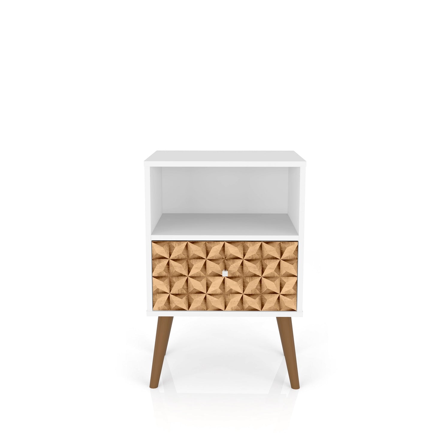 Manhattan Comfort Liberty Mid-Century Modern Nightstand 1.0 with 1 Cubby Space and 1 Drawer in White and 3D Brown Prints 203AMC67