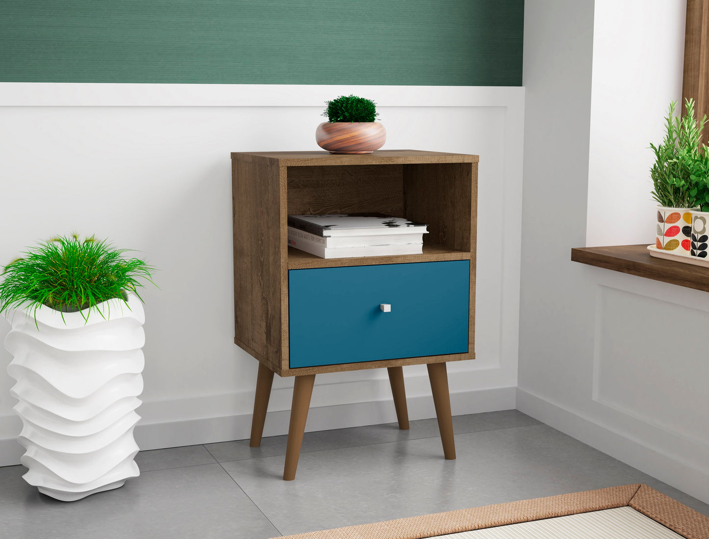 Manhattan Comfort Liberty Mid-Century Modern Nightstand 1.0 with 1 Cubby Space and 1 Drawer in Rustic Brown and Aqua Blue 203AMC93