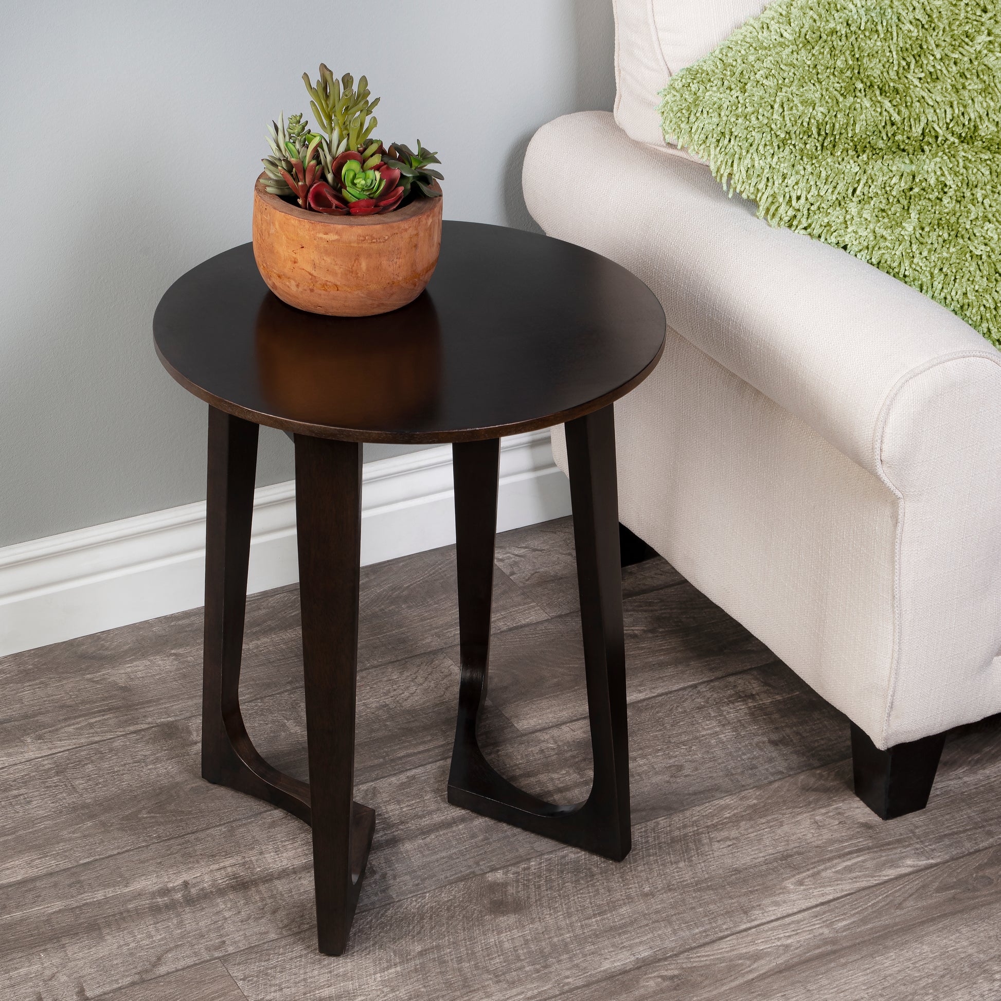 Butler Specialty Company Devin 19.5 in. W Round Solid Wood Mid Century Side Table with 2 Sled Legs, Dark Brown