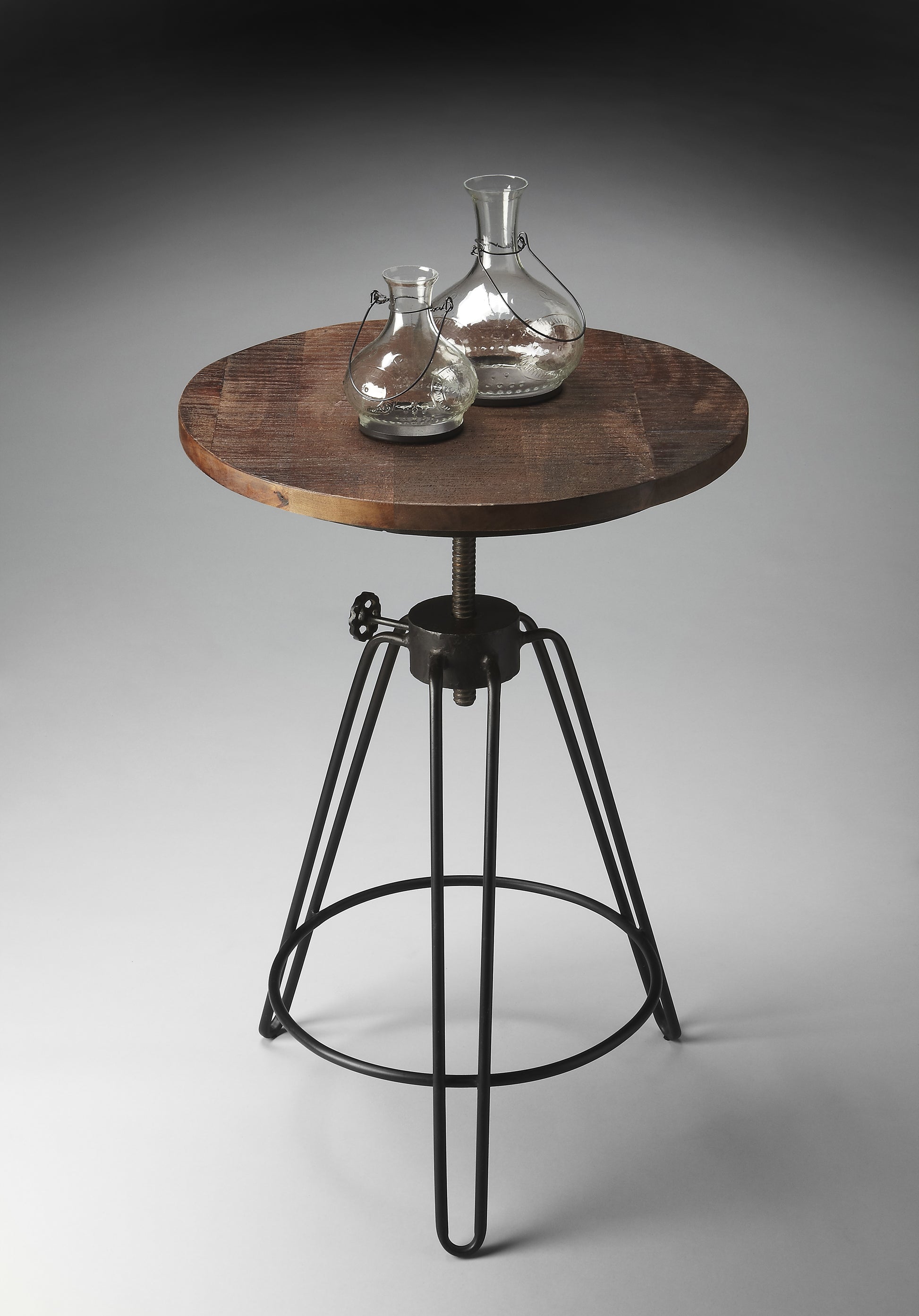 Butler Specialty Company Trenton 22 in. W Round Metal and Wood Industrial Adjustble Height Side Table with Tripod Base, Multi-Color