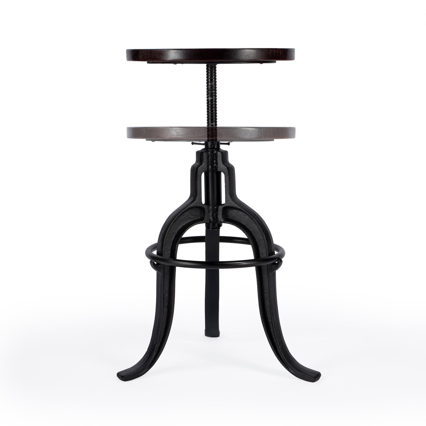 Butler Specialty Company Gladney 28.25 in. Seat Height Round Iron and Wood Adjustable Height Backless Bar Stool with Foot Rest, Multi-Color