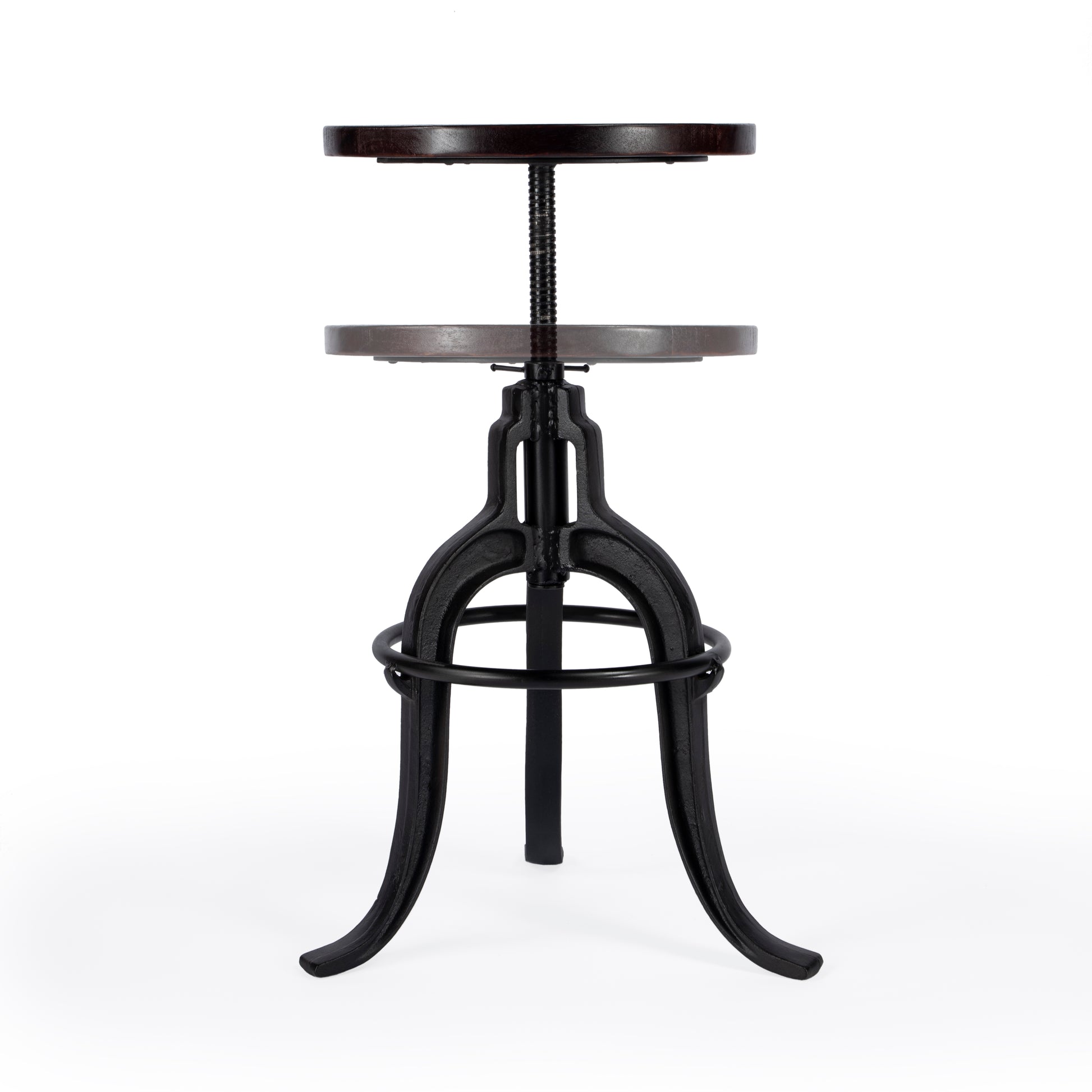 Butler Specialty Company Gladney 28.25 in. Seat Height Round Iron and Wood Adjustable Height Backless Bar Stool with Foot Rest, Multi-Color