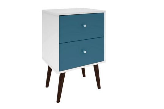 Manhattan Comfort Liberty Mid-Century Modern Nightstand 2.0 with 2 Full Extension Drawers in White and Aqua Blue with Solid Wood Legs 204AMC64