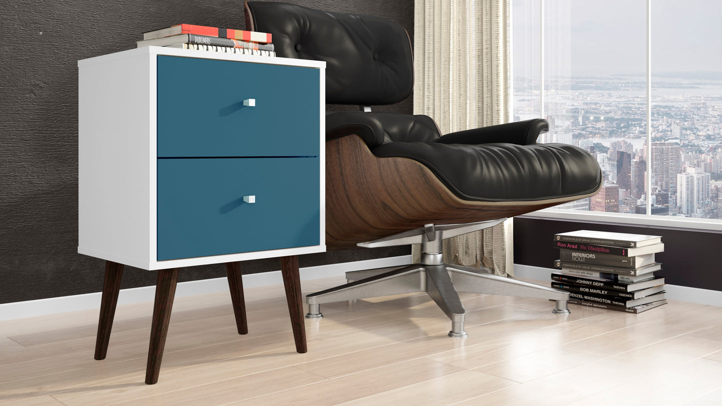 Manhattan Comfort Liberty Mid-Century Modern Nightstand 2.0 with 2 Full Extension Drawers in White and Aqua Blue with Solid Wood Legs 204AMC64