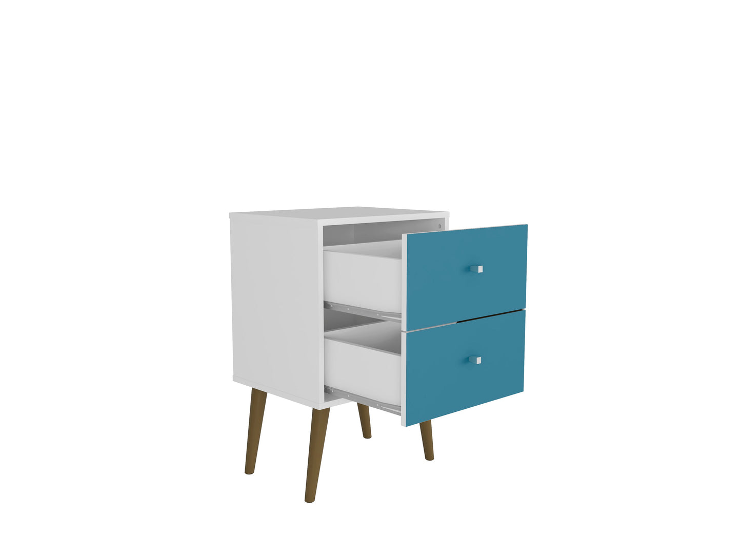 Manhattan Comfort Liberty Mid-Century Modern Nightstand 2.0 with 2 Full Extension Drawers in White and Aqua Blue with Solid Wood Legs 204AMC64