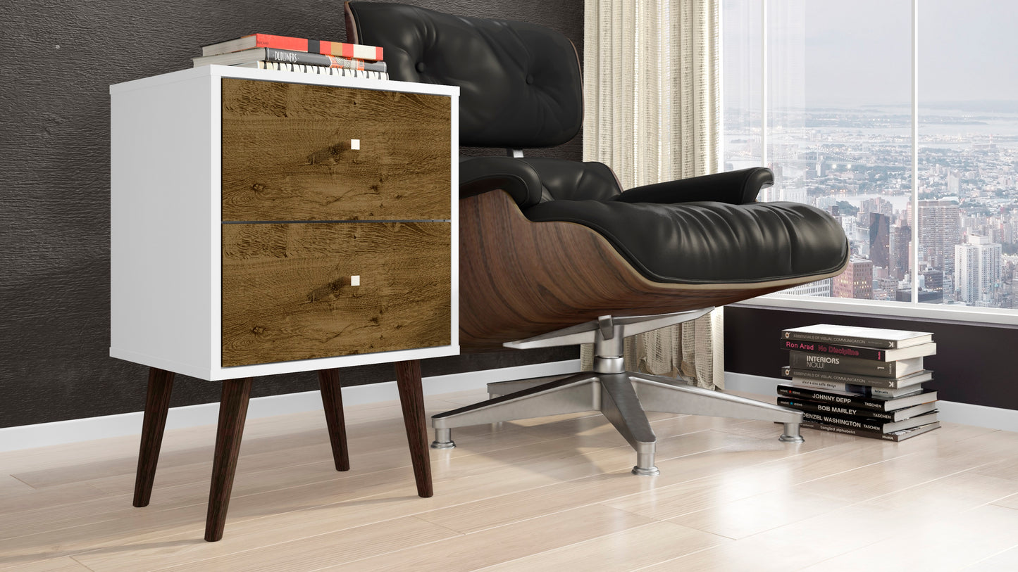 Manhattan Comfort Liberty Mid-Century Modern Nightstand 2.0 with 2 Full Extension Drawers in White and Rustic Brown with Solid Wood Legs 204AMC69