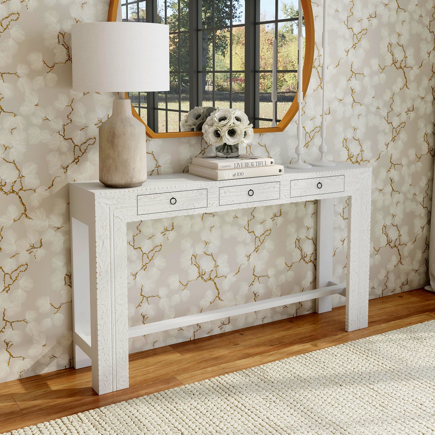 Butler Specialty Company Janta 55.5 in. W Rectangular Solid Wood 3 Drawer Console Table, White