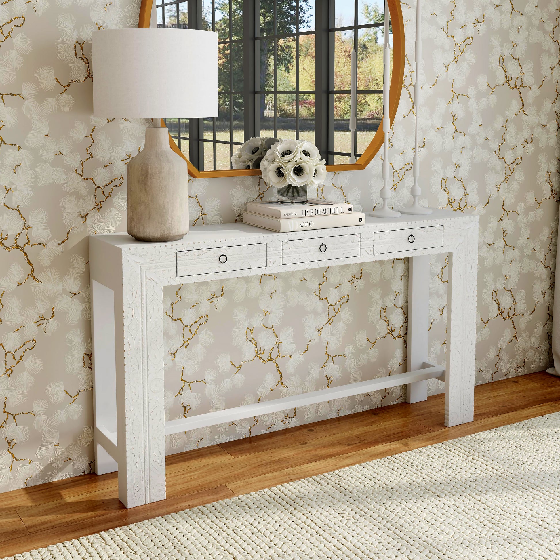 Butler Specialty Company Janta 55.5 in. W Rectangular Solid Wood 3 Drawer Console Table, White
