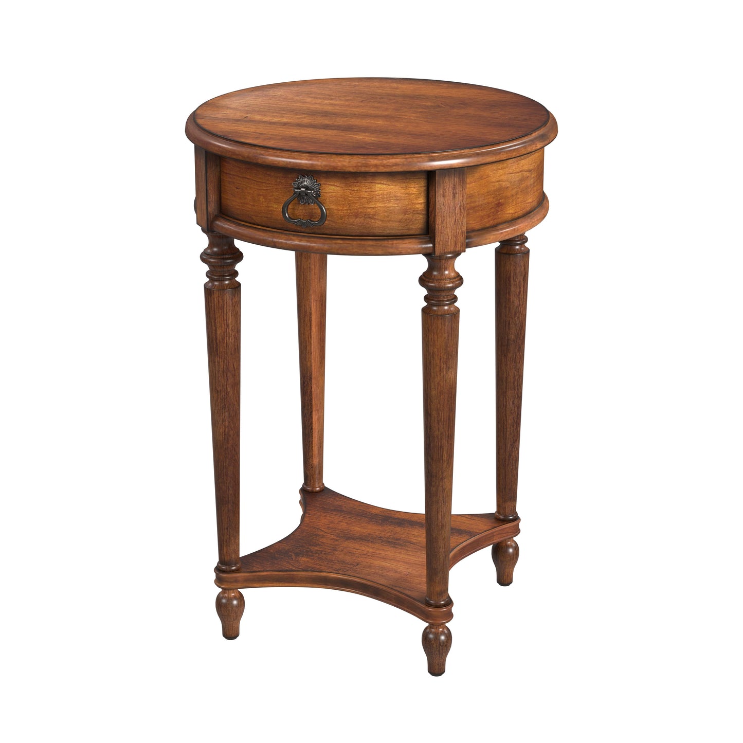 Butler Specialty Company Jules 17.5 in. W Round Wood 1 Drawer End Table with Lower Open Shelf, Medium Brown