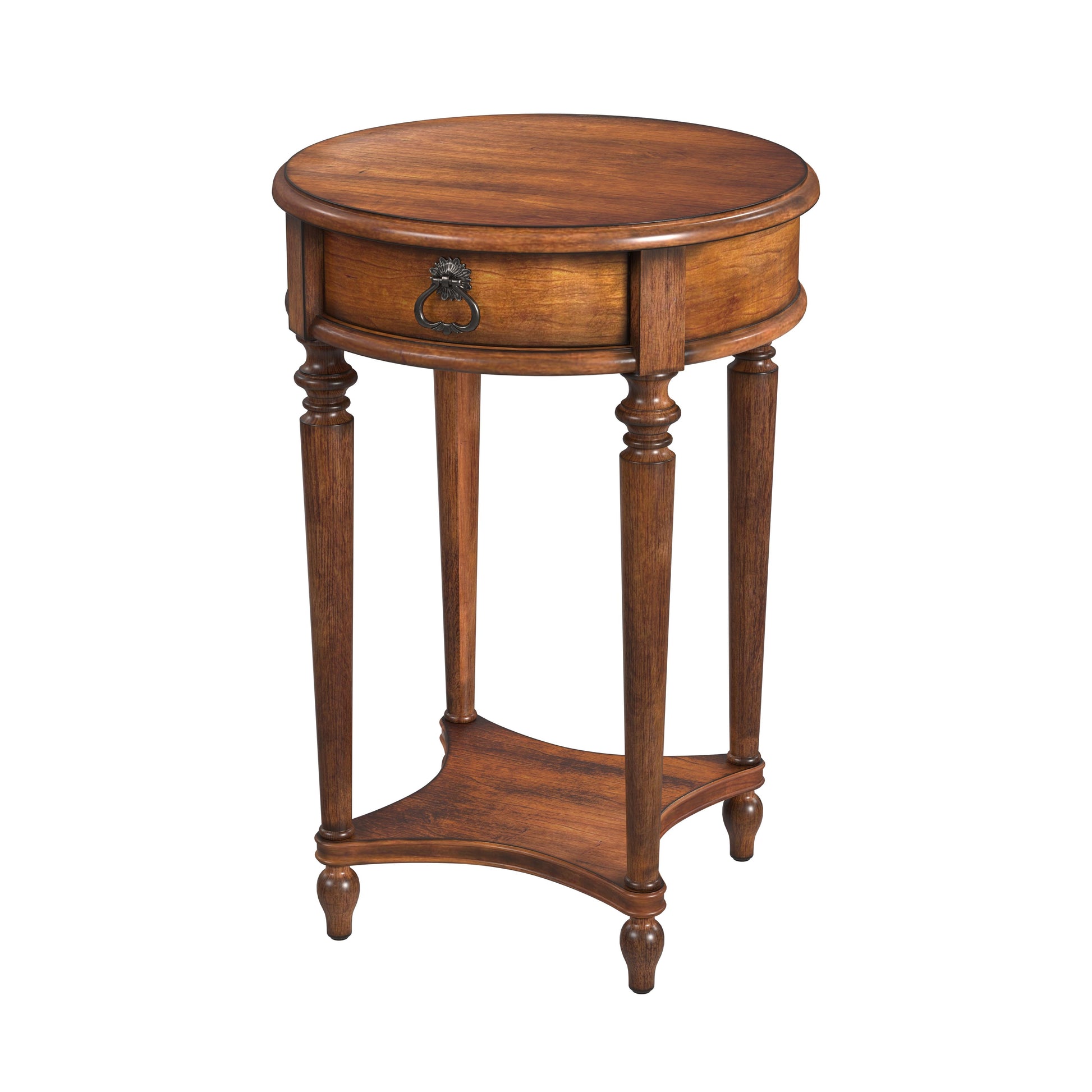 Butler Specialty Company Jules 17.5 in. W Round Wood 1 Drawer End Table with Lower Open Shelf, Medium Brown
