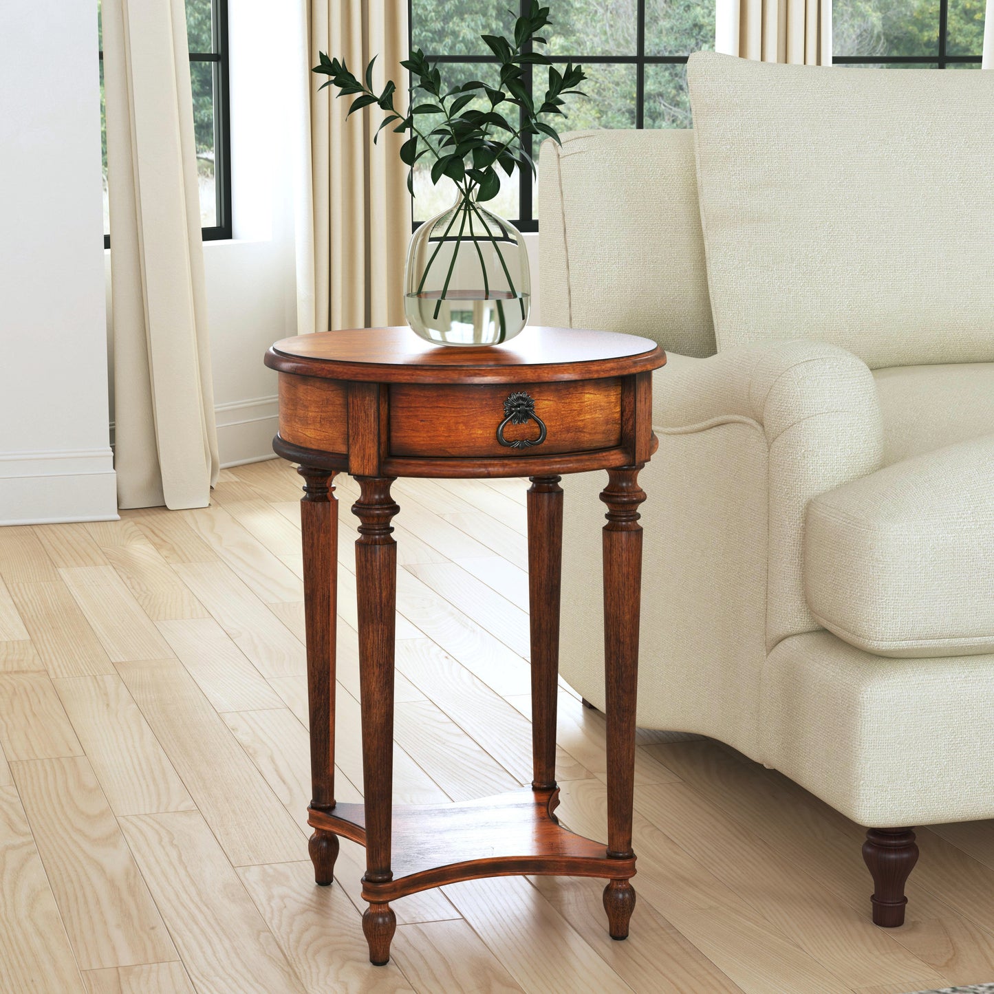 Butler Specialty Company Jules 17.5 in. W Round Wood 1 Drawer End Table with Lower Open Shelf, Medium Brown