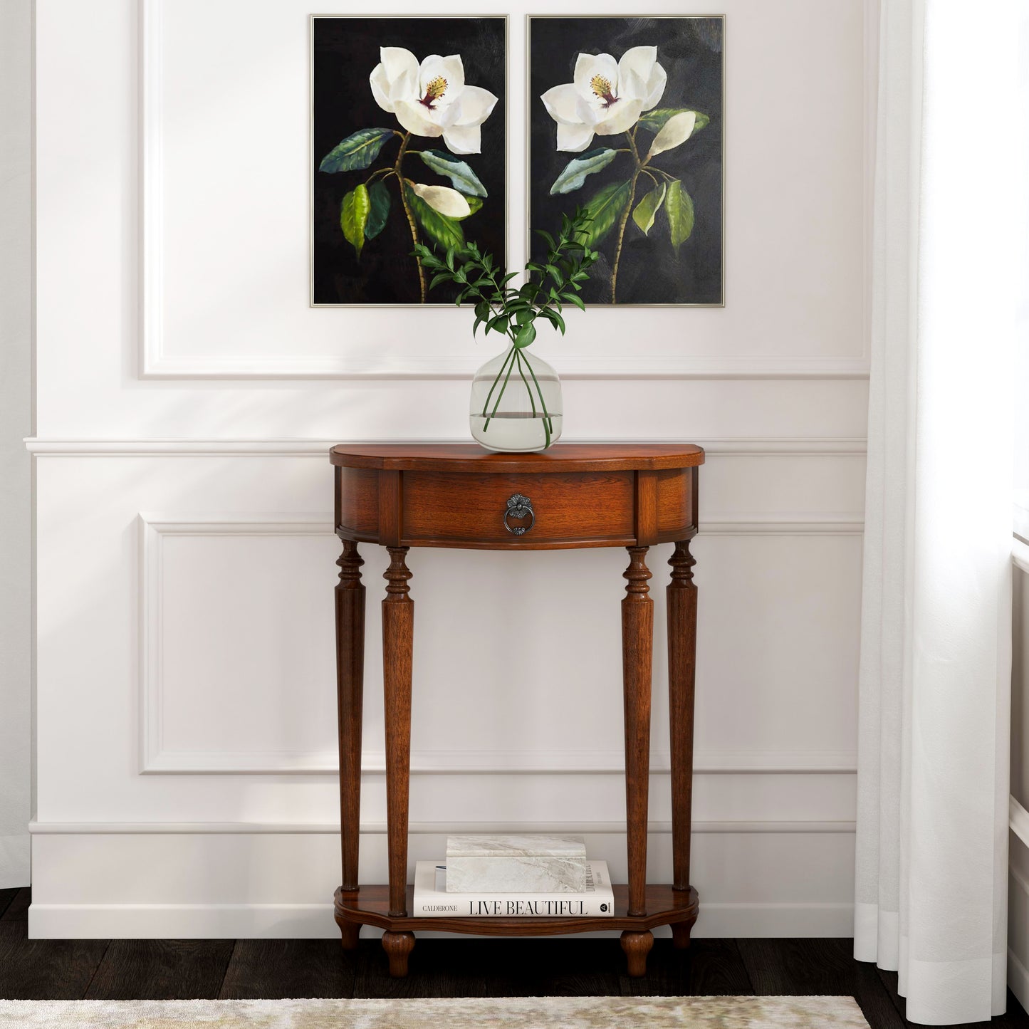 Butler Specialty Company Ashby 22 in. W Demilune Wood 1 Drawer Console Table with Lower Open Shelf, Dark Brown
