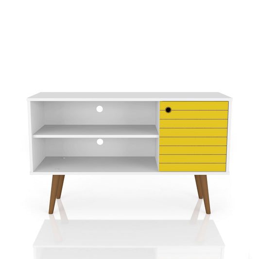 Manhattan Comfort Liberty 42.52" Mid-Century Modern TV Stand with 2 Shelves and 1 Door in White and Yellow 212BMC64