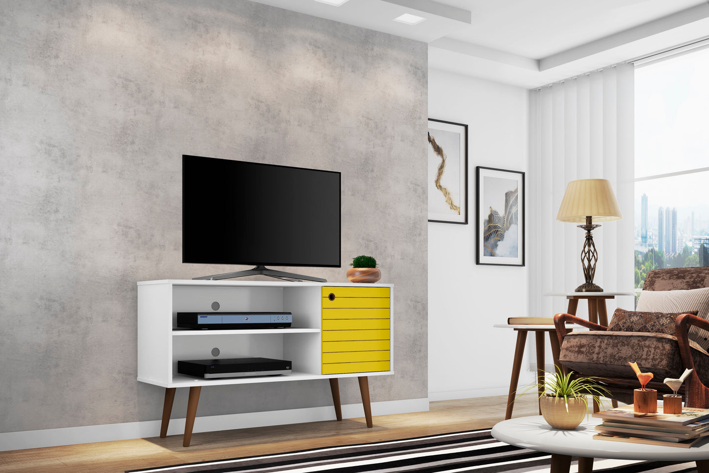Manhattan Comfort Liberty 42.52" Mid-Century Modern TV Stand with 2 Shelves and 1 Door in White and Yellow 212BMC64