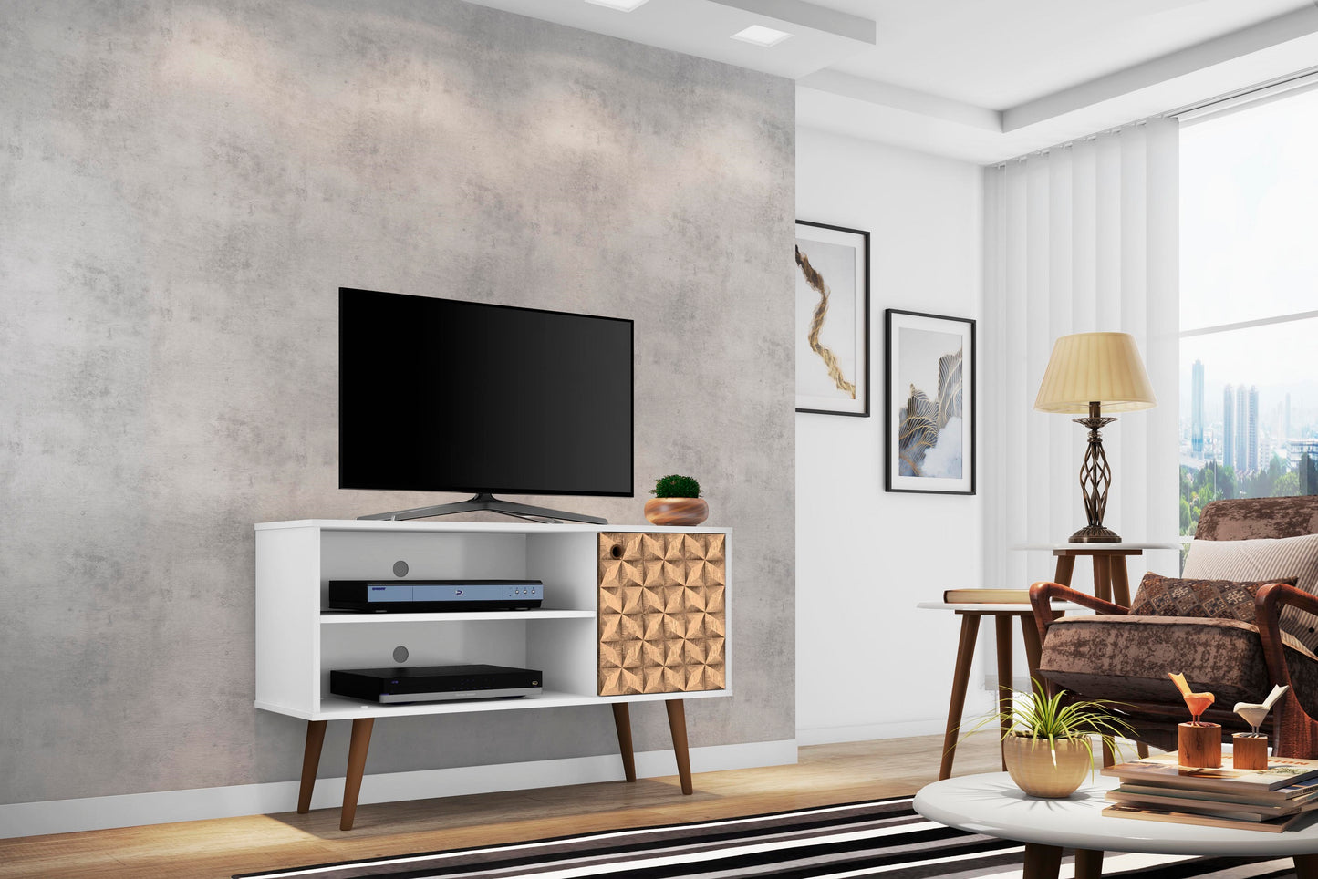 Manhattan Comfort Liberty 42.52" Mid-Century Modern TV Stand with 2 Shelves and 1 Door in White and 3D Brown Prints 212BMC67