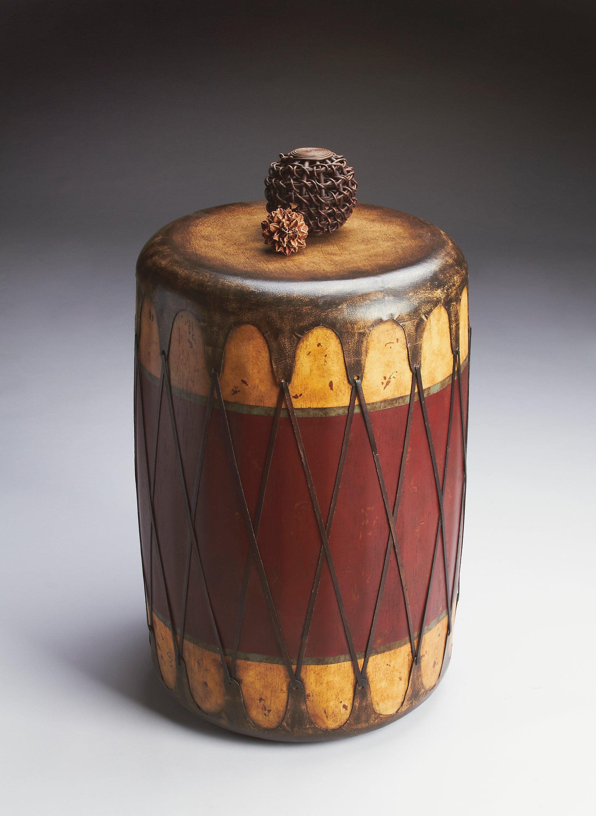 Butler Specialty Company Navajo 18 in. W Round Leather and Wood Drum Side Table, Multi-Color