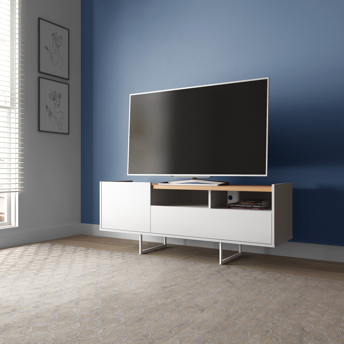 Manhattan Comfort Winston 53.14 TV Stand with 4 Shelves in White and Cinnamon 223951