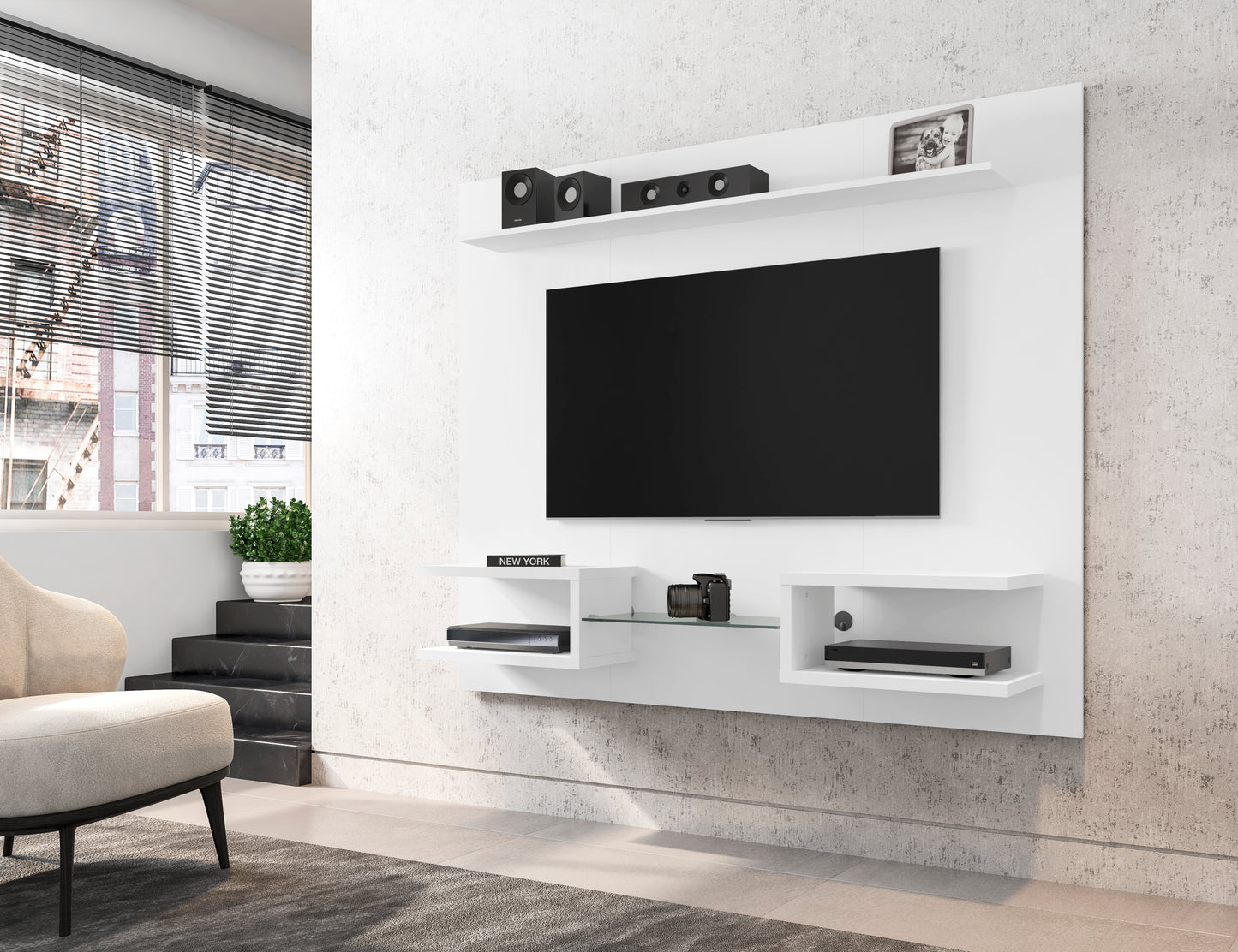 Manhattan Comfort Plaza 64.25 Modern Floating Wall Entertainment Center with Display Shelves in White 224BMC6