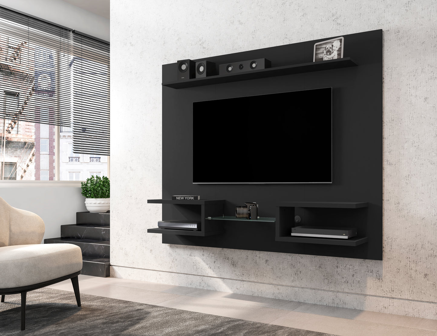 Manhattan Comfort Plaza 64.25 Modern Floating Wall Entertainment Center with Display Shelves in Black 224BMC8
