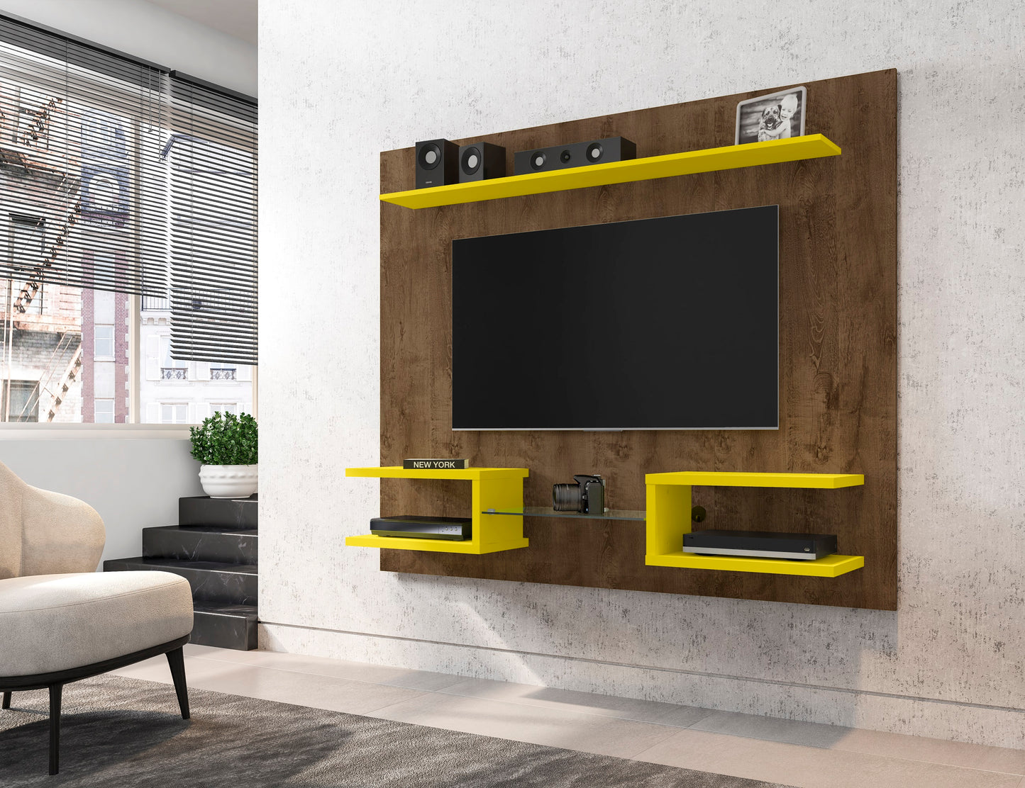 Manhattan Comfort Plaza 64.25 Modern Floating Wall Entertainment Center with Display Shelves in Rustic Brown and Yellow 224BMC94