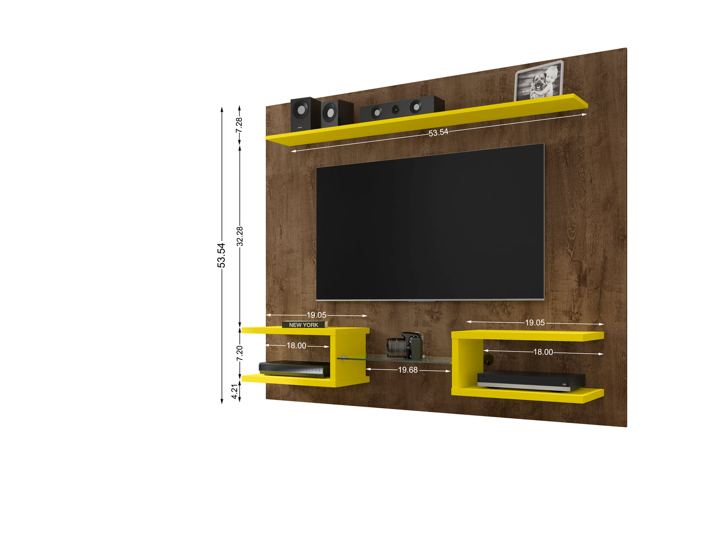 Manhattan Comfort Plaza 64.25 Modern Floating Wall Entertainment Center with Display Shelves in Rustic Brown and Yellow 224BMC94