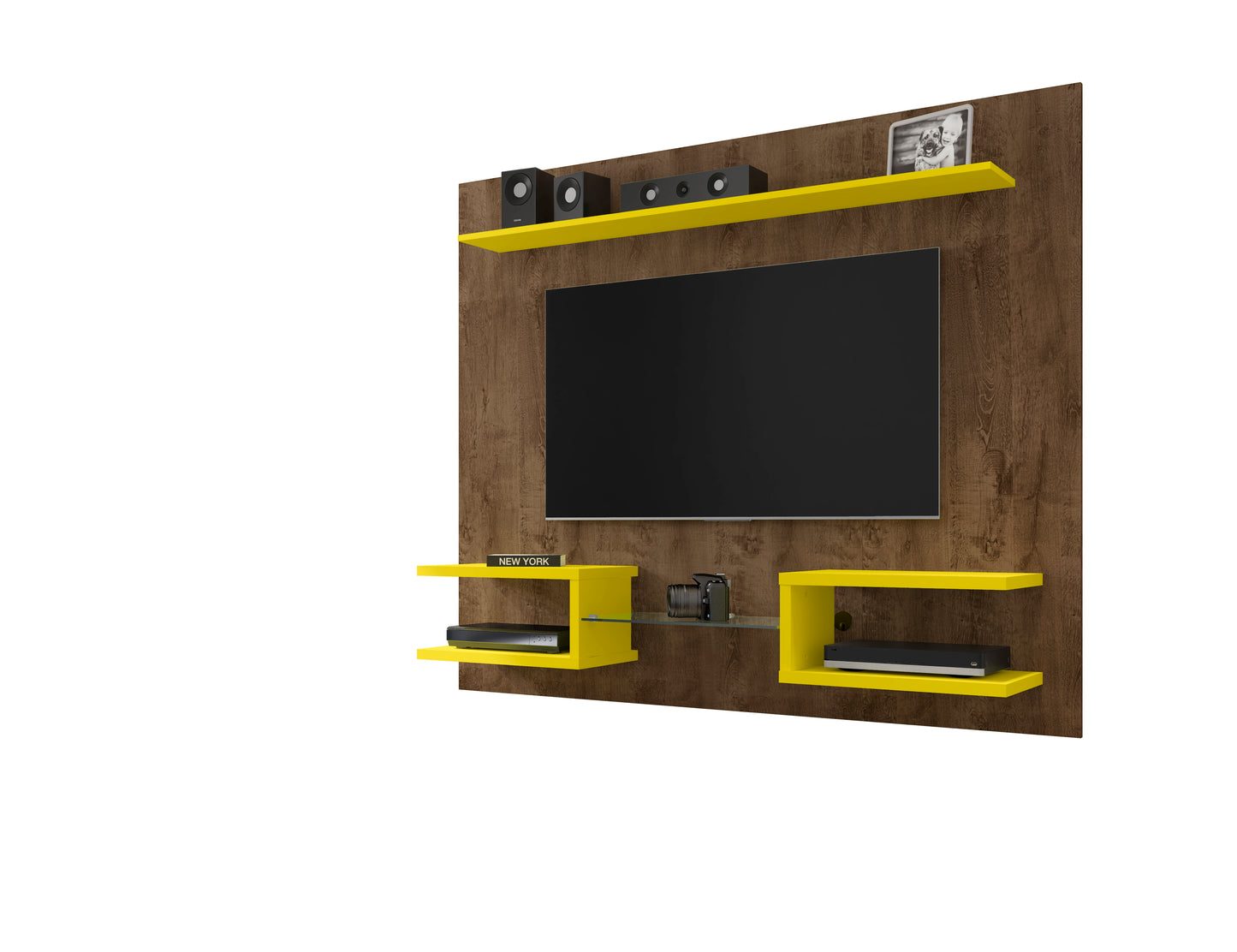 Manhattan Comfort Plaza 64.25 Modern Floating Wall Entertainment Center with Display Shelves in Rustic Brown and Yellow 224BMC94