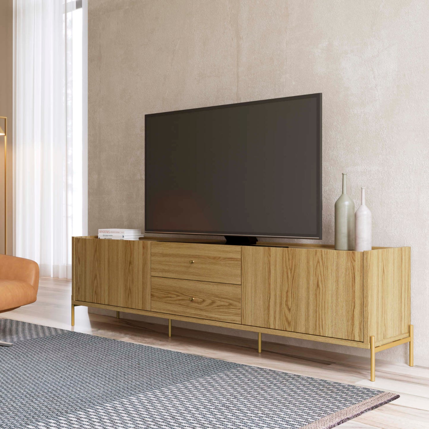 Manhattan Comfort Jasper 72.91" TV Stand with Steel Gold Legs in Oak Pro Touch 226852