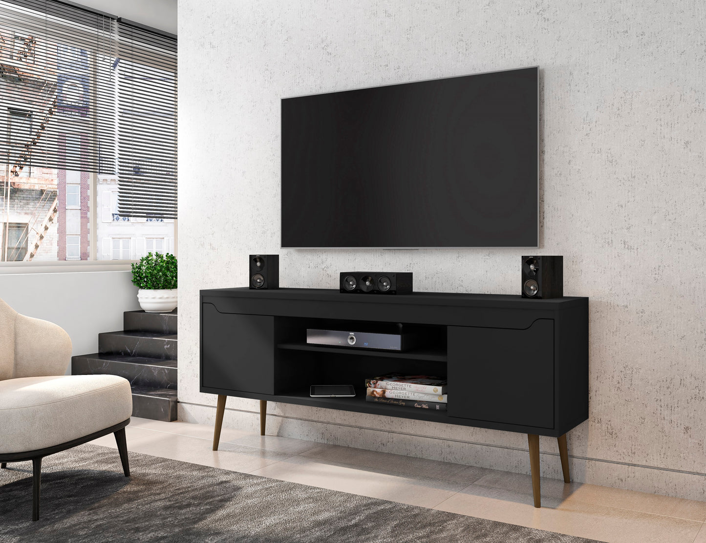 Bradley Mid-Century Modern 63" TV Stand in Black 228BMC8