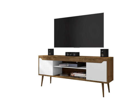 Bradley Mid-Century Modern 63" TV Stand in Rustic Brown and White 228BMC96