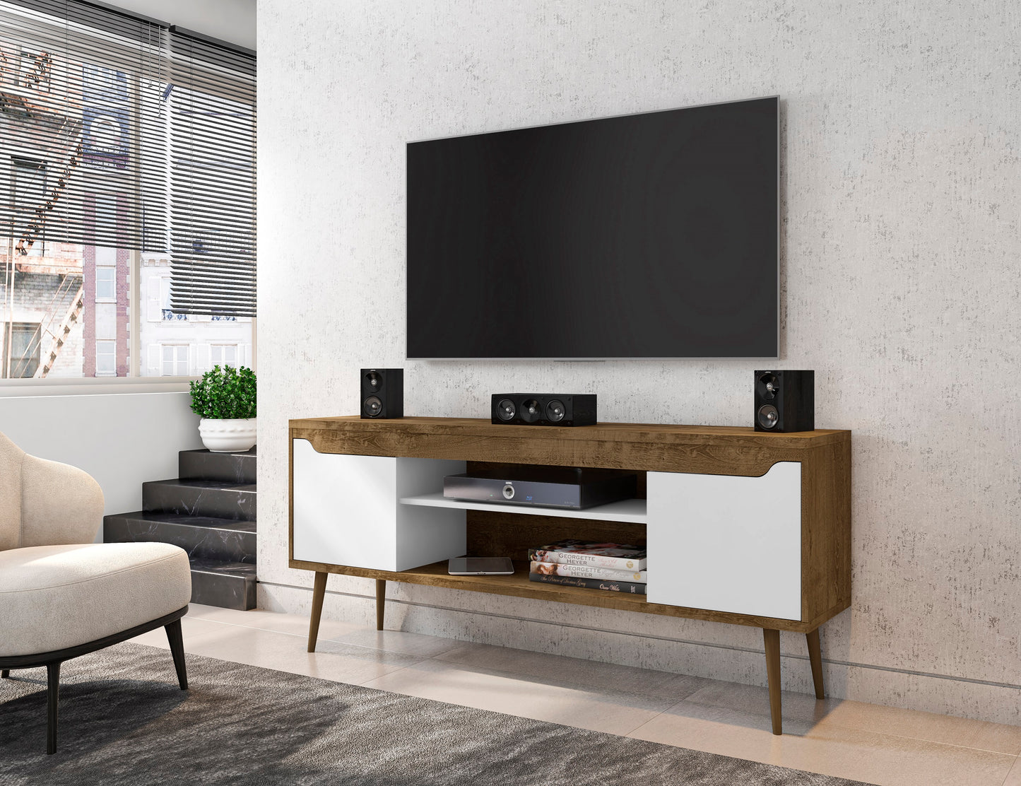 Bradley Mid-Century Modern 63" TV Stand in Rustic Brown and White 228BMC96