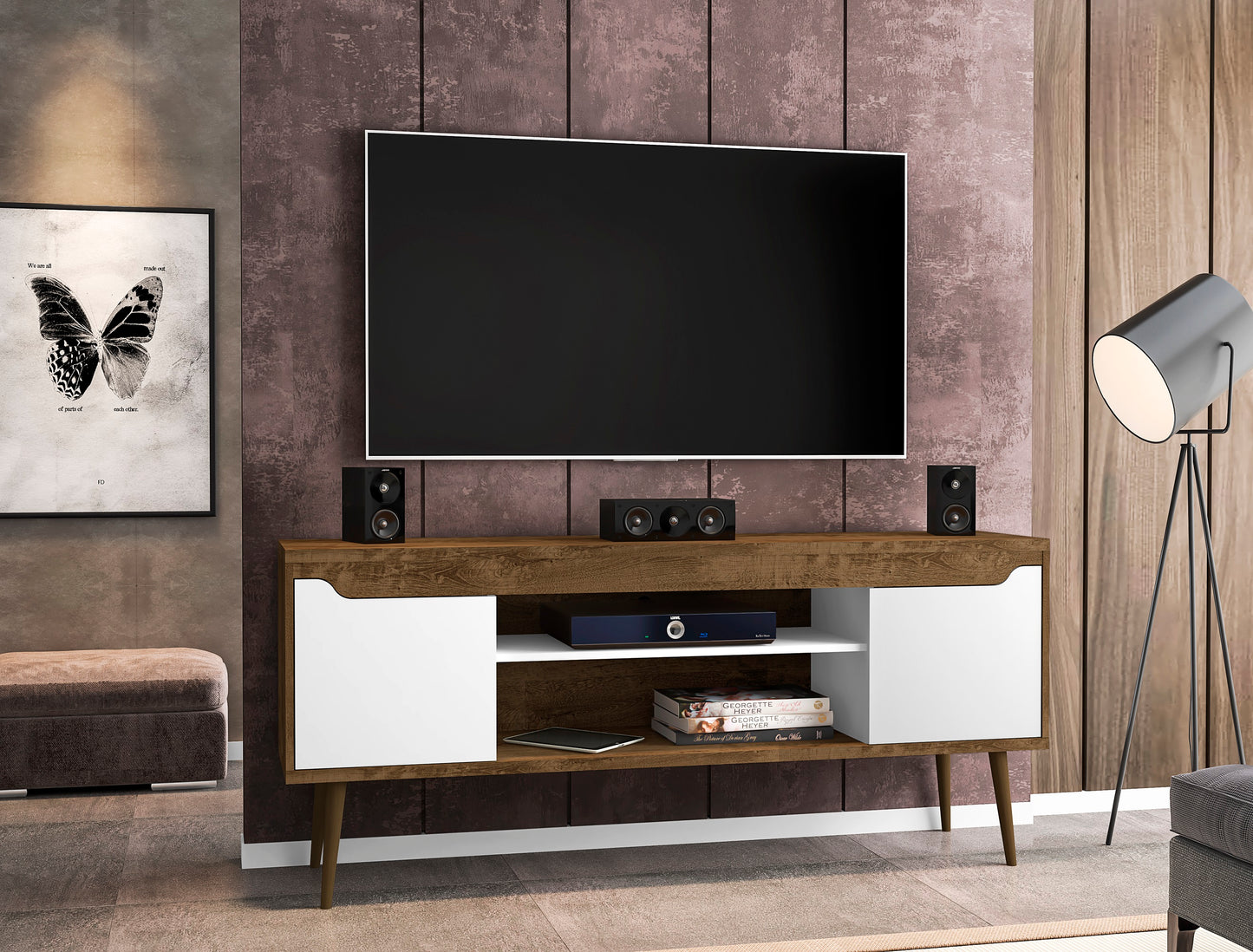 Bradley Mid-Century Modern 63" TV Stand in Rustic Brown and White 228BMC96