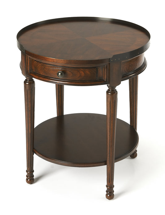 Butler Specialty Company Sampson 22 in. W Round Wood 1 Drawer Side Table with Lower Open Shelf, Dark Brown