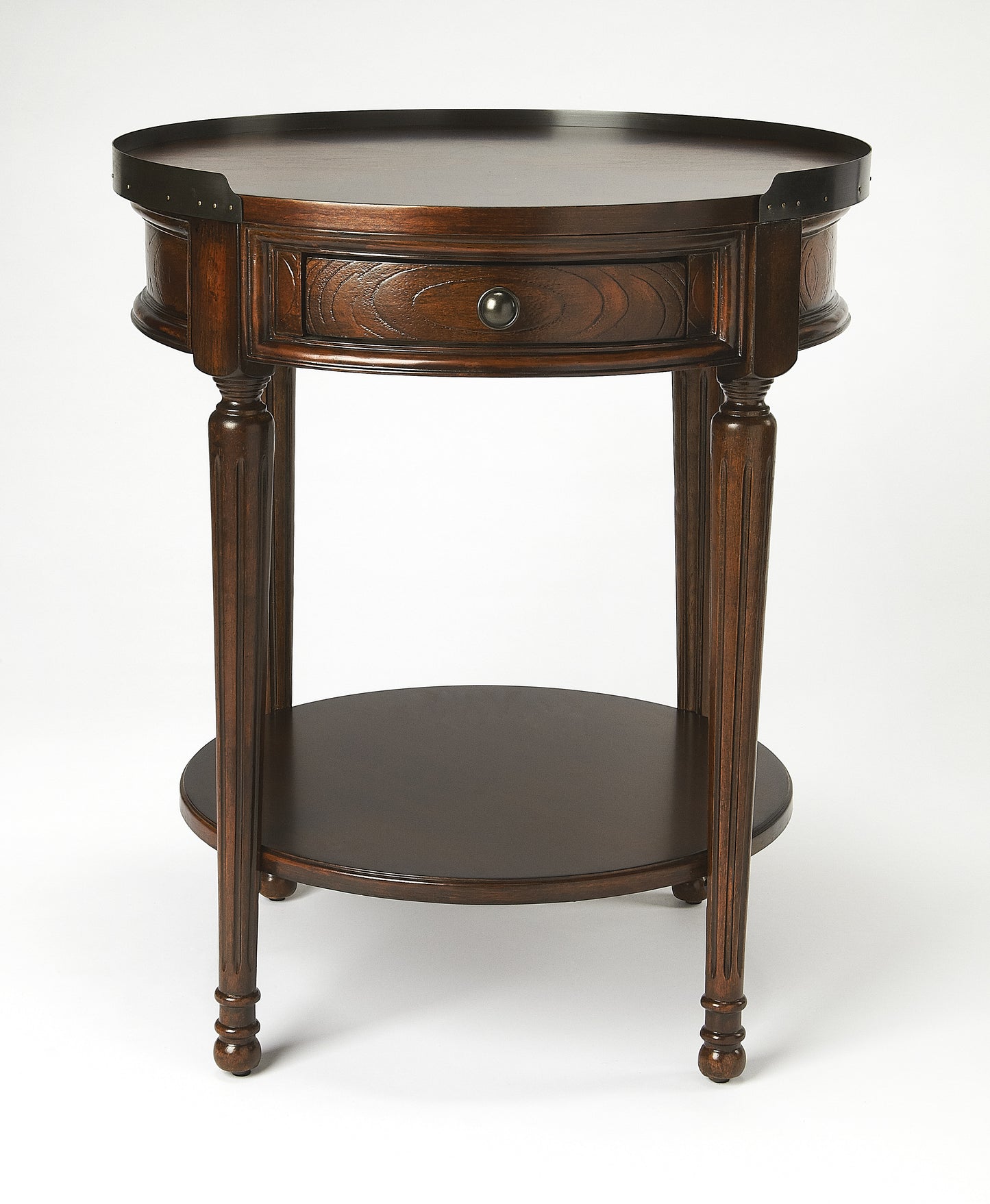 Butler Specialty Company Sampson 22 in. W Round Wood 1 Drawer Side Table with Lower Open Shelf, Dark Brown