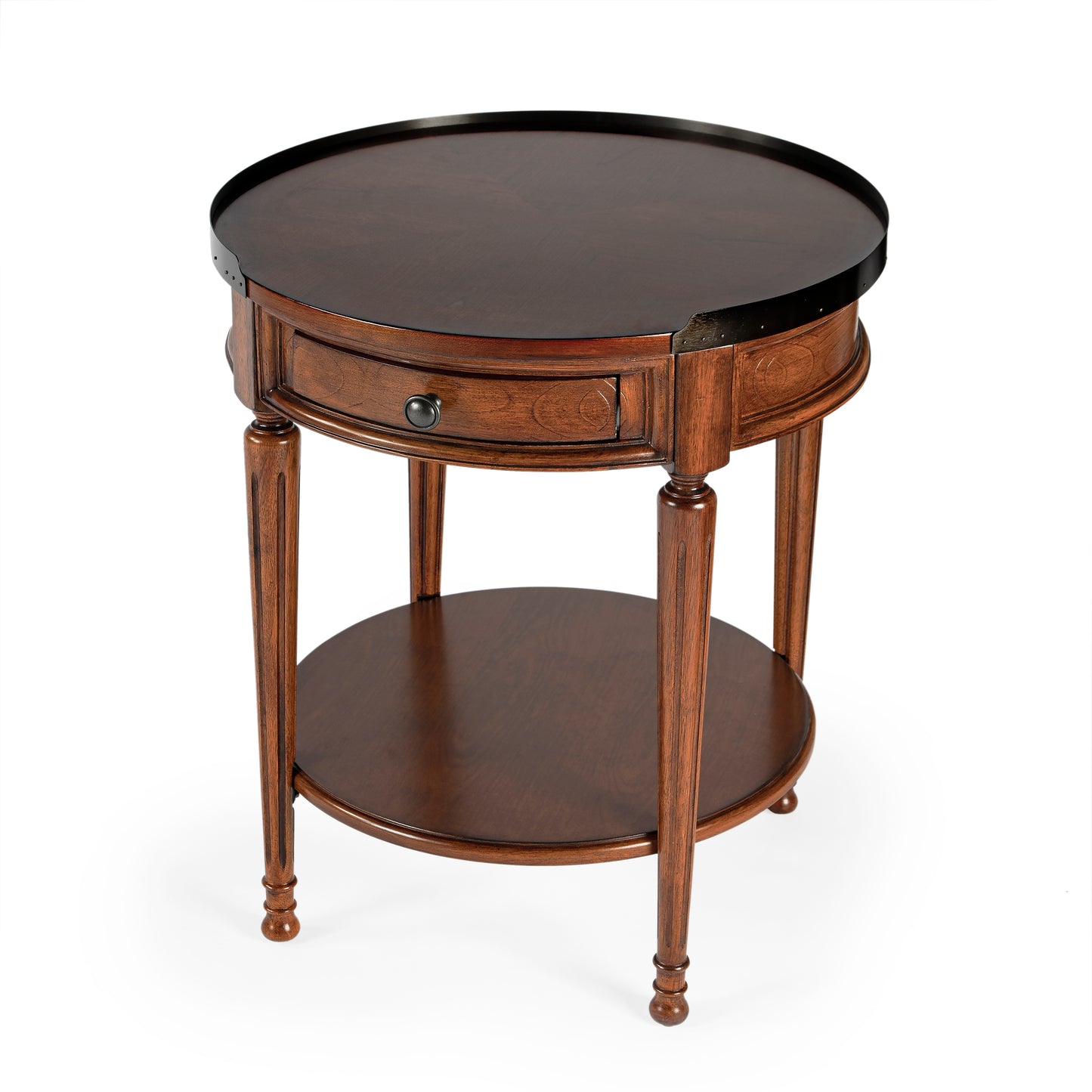 Butler Specialty Company Sampson 22 in. W Round Wood 1 Drawer Side Table with Lower Open Shelf, Medium Brown