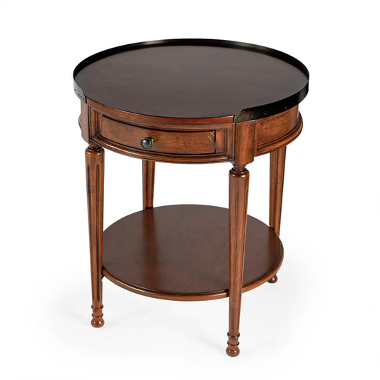 Butler Specialty Company Sampson 22 in. W Round Wood 1 Drawer Side Table with Lower Open Shelf, Medium Brown