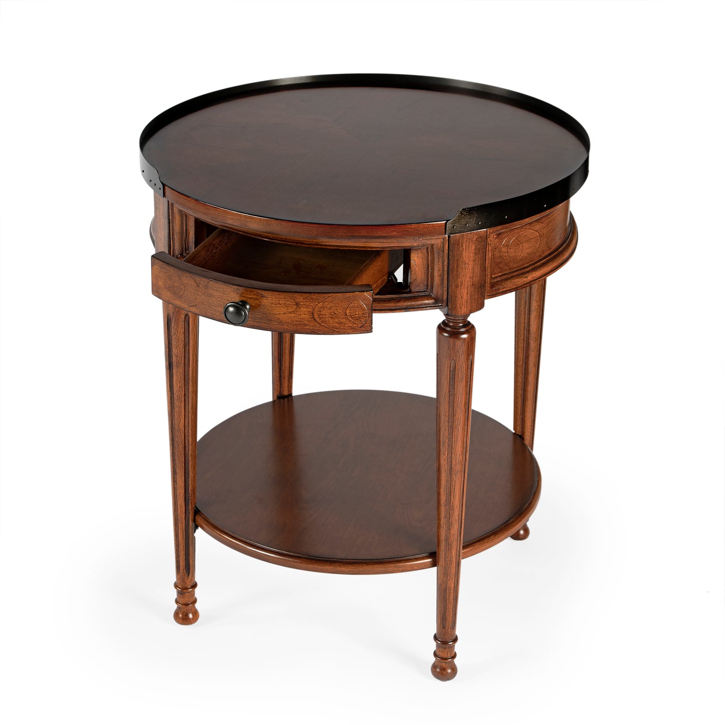 Butler Specialty Company Sampson 22 in. W Round Wood 1 Drawer Side Table with Lower Open Shelf, Medium Brown